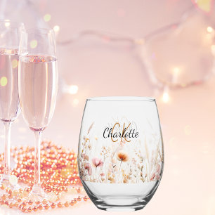 Wildflowers custom name monogram initials stemless wine glass