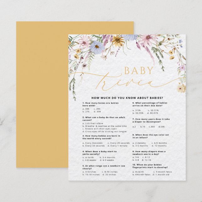 Wildflowers Cute Baby Trivia Baby Shower Game Card (Front/Back)