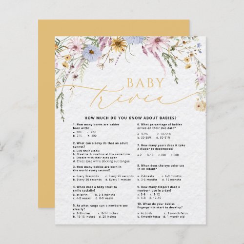 Wildflowers Cute Baby Trivia Baby Shower Game Card