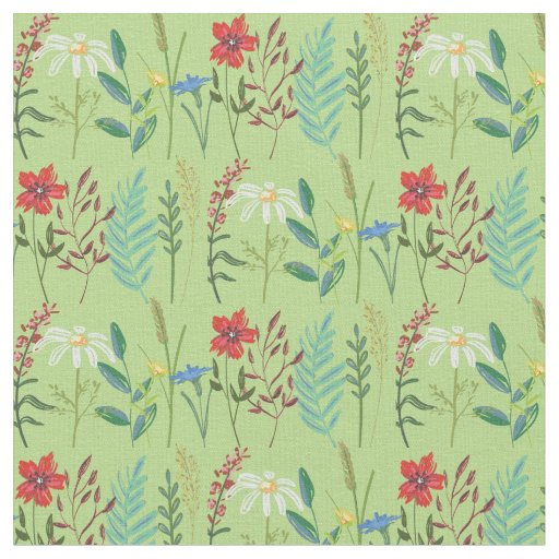 Wildflowers Cute Flowers in Green Fabric