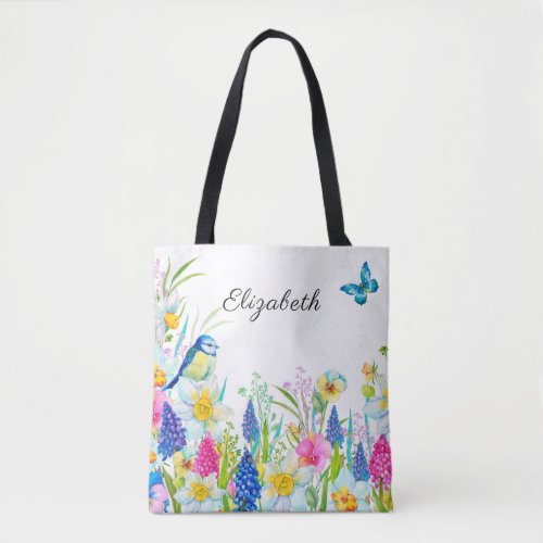 Wildflowers Daffodils Bird Daisies Butterflies Tote Bag