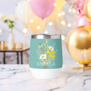 Wildflowers Daisies Floral Bouquet Custom Name  Thermal Wine Tumbler