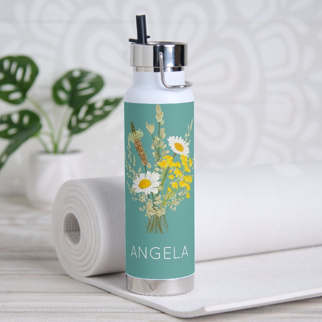 Wildflowers Daisies Floral Bouquet Custom Name  Water Bottle (Yoga)