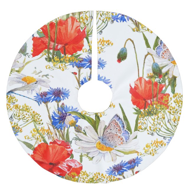 Wildflowers: dark blue watercolor seamless brushed polyester tree skirt (Front)