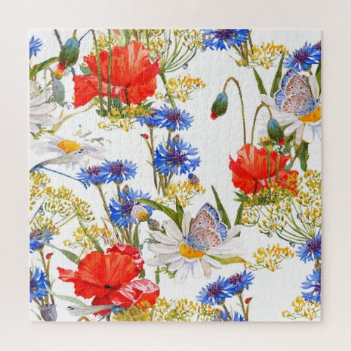 Wildflowers dark blue watercolor seamless jigsaw puzzle