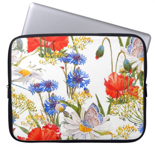 Wildflowers dark blue watercolor seamless laptop sleeve