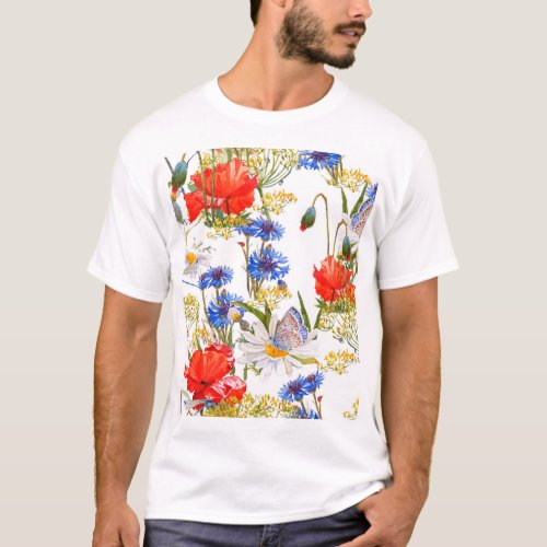 Wildflowers dark blue watercolor seamless T_Shirt