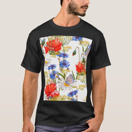 Wildflowers dark blue watercolor seamless T_Shirt