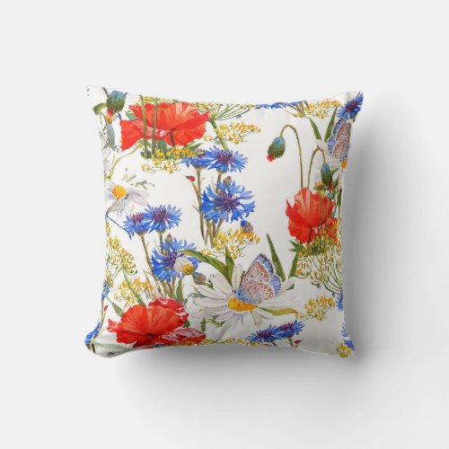 Wildflowers dark blue watercolor seamless throw pillow