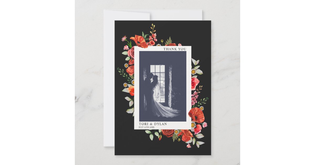 Wildflowers Dark Wedding Photo Thank You Card | Zazzle