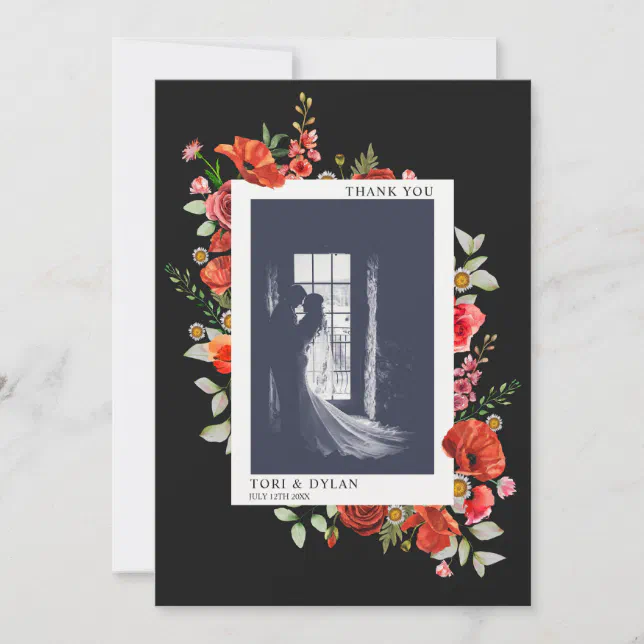 Wildflowers Dark Wedding Photo Thank You Card | Zazzle