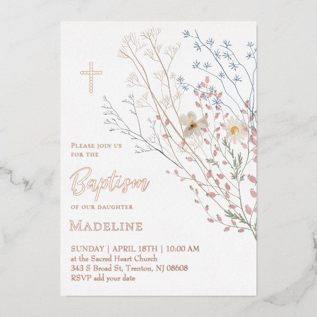  wildflowers design Baptism Foil Invitation (Front)