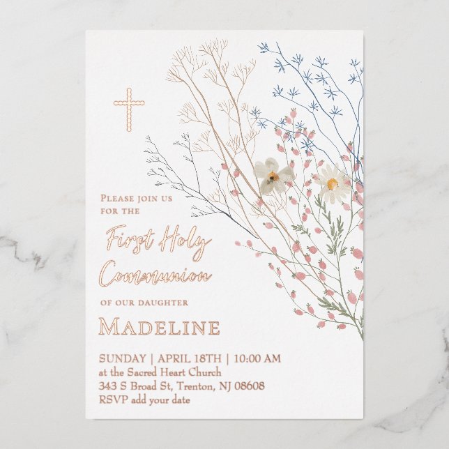  wildflowers design First Holy Communion Foil Invitation (Front)