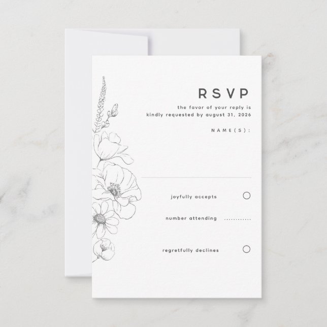 Wildflowers Drawing Elegant Minimal Wedding RSVP Card (Front)