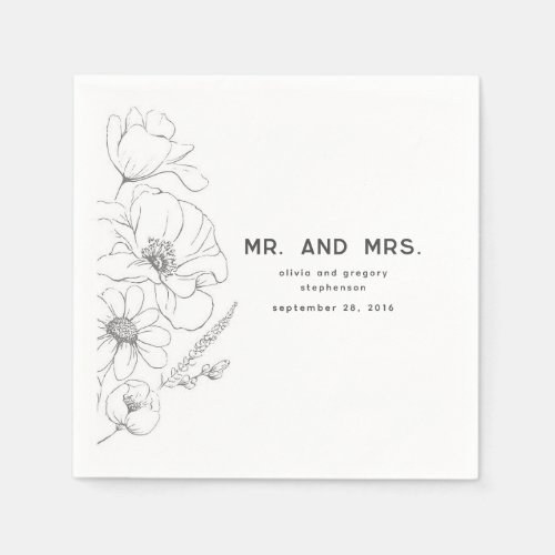 Wildflowers Drawing Elegant Wedding Mr and Mrs Napkins