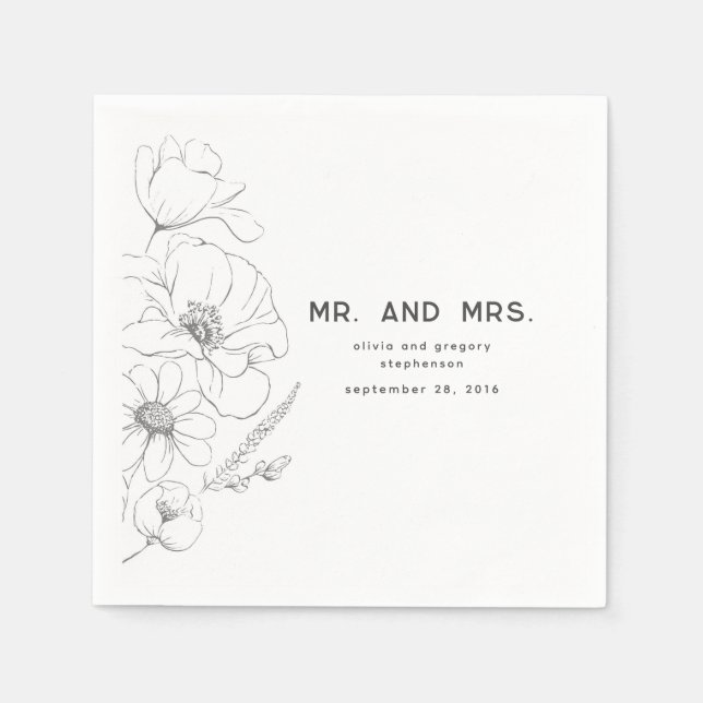 Wildflowers Drawing Elegant Wedding Mr and Mrs Napkins (Front)