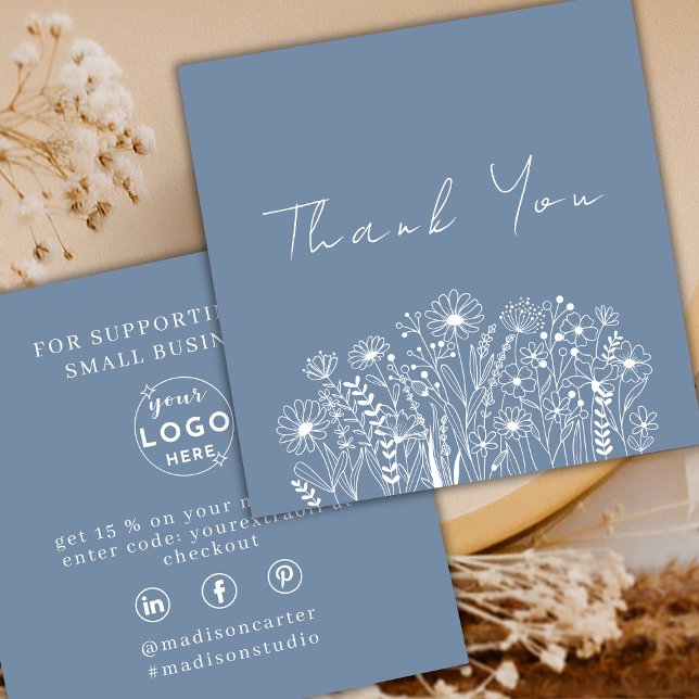 Wildflowers Dusty Blue Boho Order Thank You Square Business Card (Creator Uploaded)