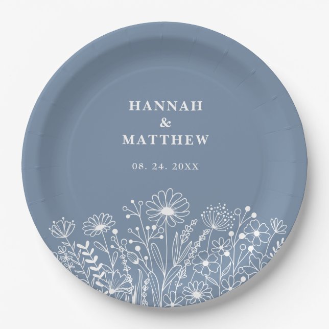 Wildflowers Dusty Blue Boho Wedding Paper Plates (Front)
