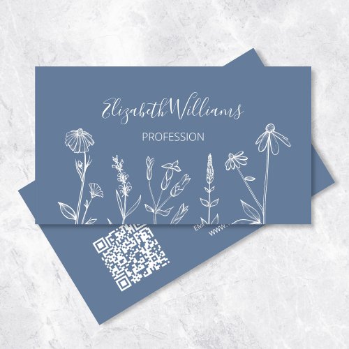  Wildflowers Dusty Blue  QR Code Business Card
