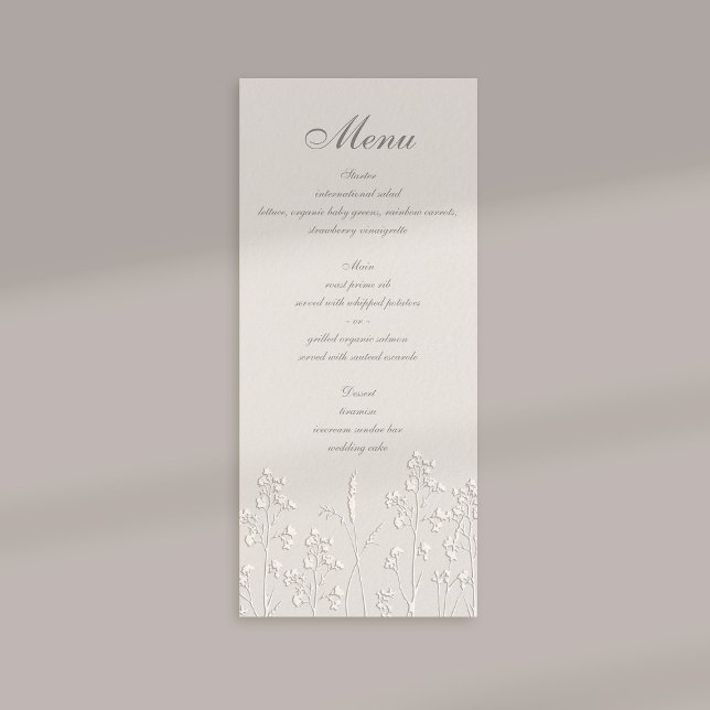 Wildflowers Ecru Faux Embossed Classic Wedding Menu (formal wedding menu card traditional calligraphy ecru faux embossed wildflowers elegant classic thin)