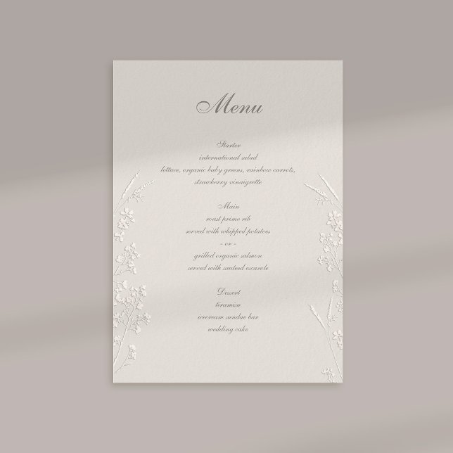 Wildflowers Ecru Faux Embossed Formal Wedding Menu (formal wedding menu card traditional calligraphy ecru faux embossed wildflowers elegant classic)