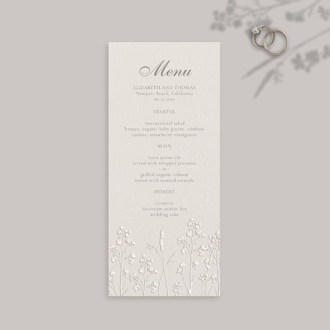 Wildflowers Ecru Faux Embossed Formal Wedding Menu (formal wedding menu card traditional calligraphy ecru faux embossed wildflowers modern classic)