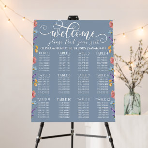 Wildflowers Elegant Blue Wedding Seating Chart Foam Board
