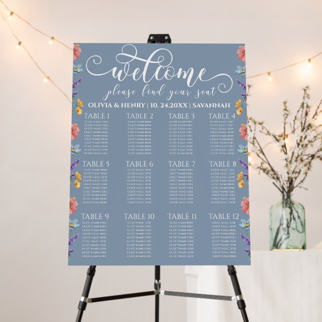Wildflowers Elegant Blue Wedding Seating Chart Foam Board (In Situ (Stand))