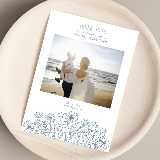 Wildflowers Elegant Boho Dusty Blue Photo Wedding  Thank You Card (Creator Uploaded)
