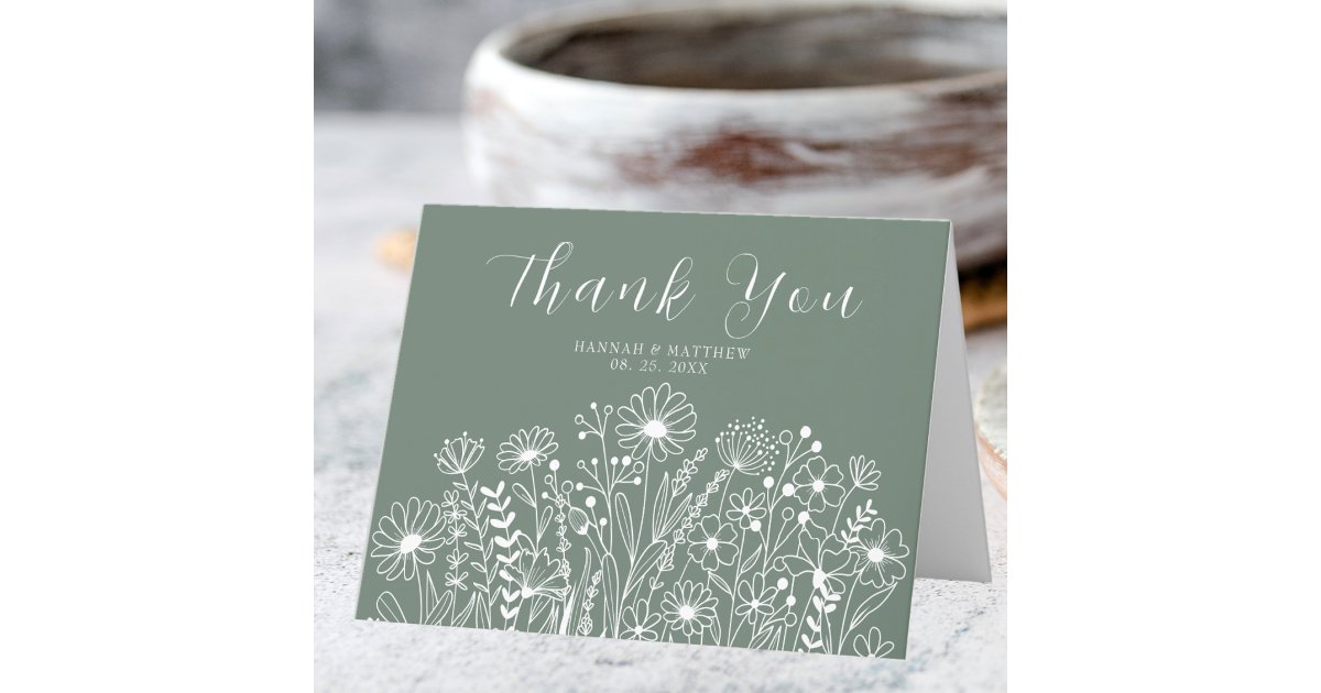 Wildflowers Elegant Boho Sage Green Wedding Thank You Card | Zazzle