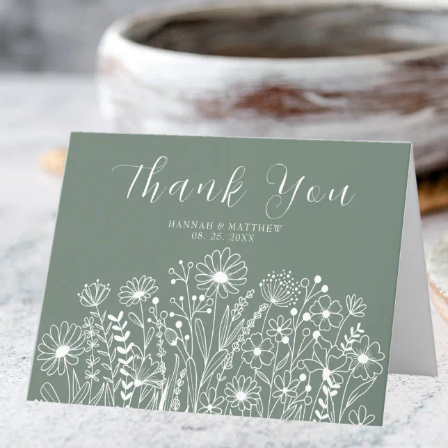 Wildflowers Elegant Boho Sage Green Wedding Thank You Card | Zazzle