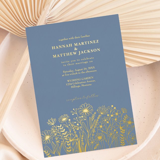 Wildflowers Elegant Dusty Blue and Gold Wedding Foil Invitation (Creator Uploaded)