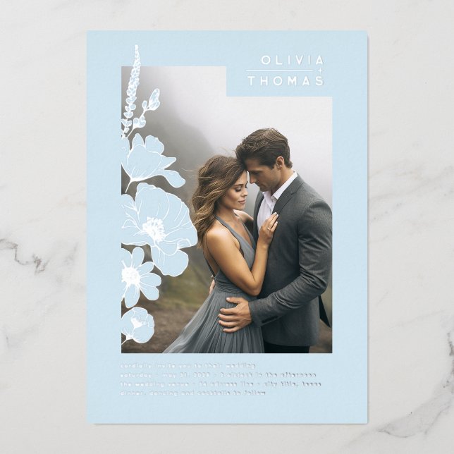 Wildflowers Elegant Dusty Blue Wedding Photo Foil Invitation (Front)