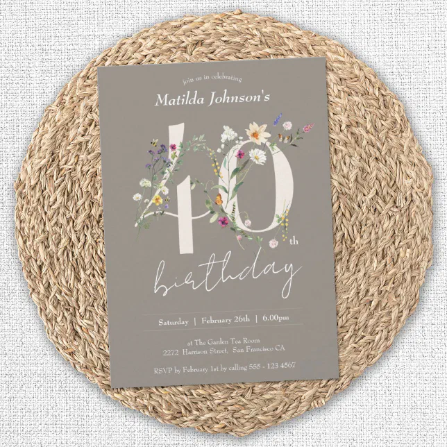 Wildflowers Elegant Floral 40th Birthday Invitation | Zazzle