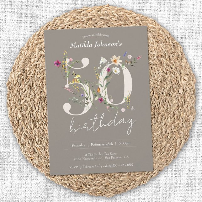 Wildflowers Elegant Floral 50th Birthday Invitation (50th Birthday Wildflowers Elegant Floral Invitation)
