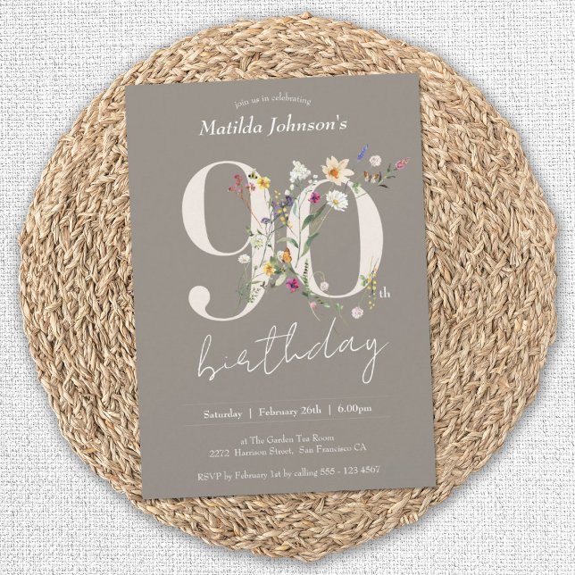 Wildflowers Elegant Floral 90th Birthday Party Invitation (90th Birthday Wildflowers Elegant Floral Invitation)