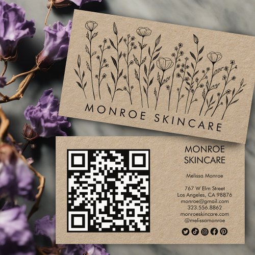 Wildflowers Elegant Kraft QR Code Social Icons  Business Card