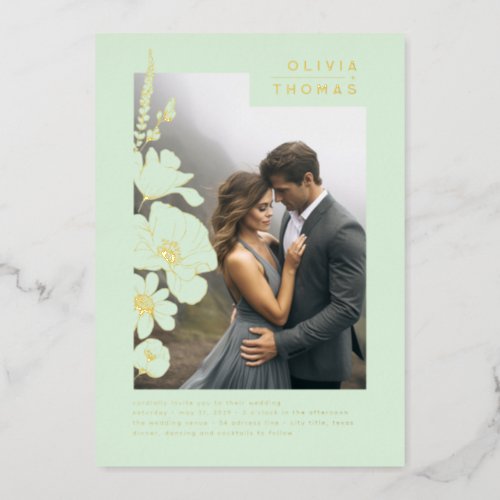 Wildflowers Elegant Light Green Wedding Photo Foil Invitation