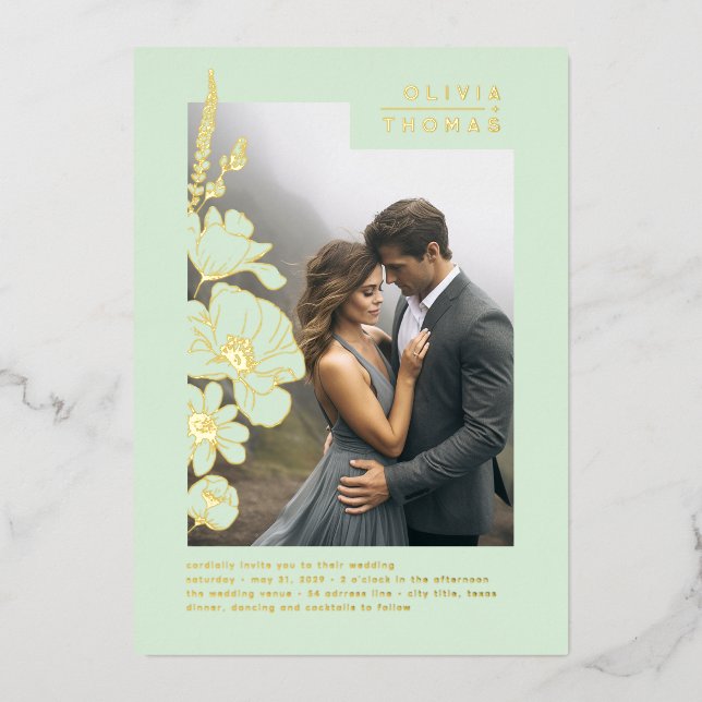 Wildflowers Elegant Light Green Wedding Photo Foil Invitation (Front)