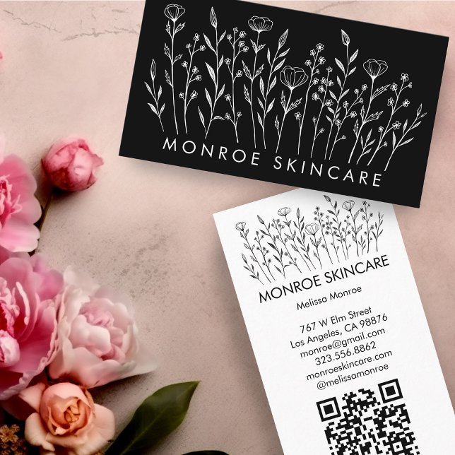 Wildflowers Elegant Line Art Chic Custom QR Code  Business Card (Wildflowers Elegant Line Art Chic Custom QR Code Business Card
)