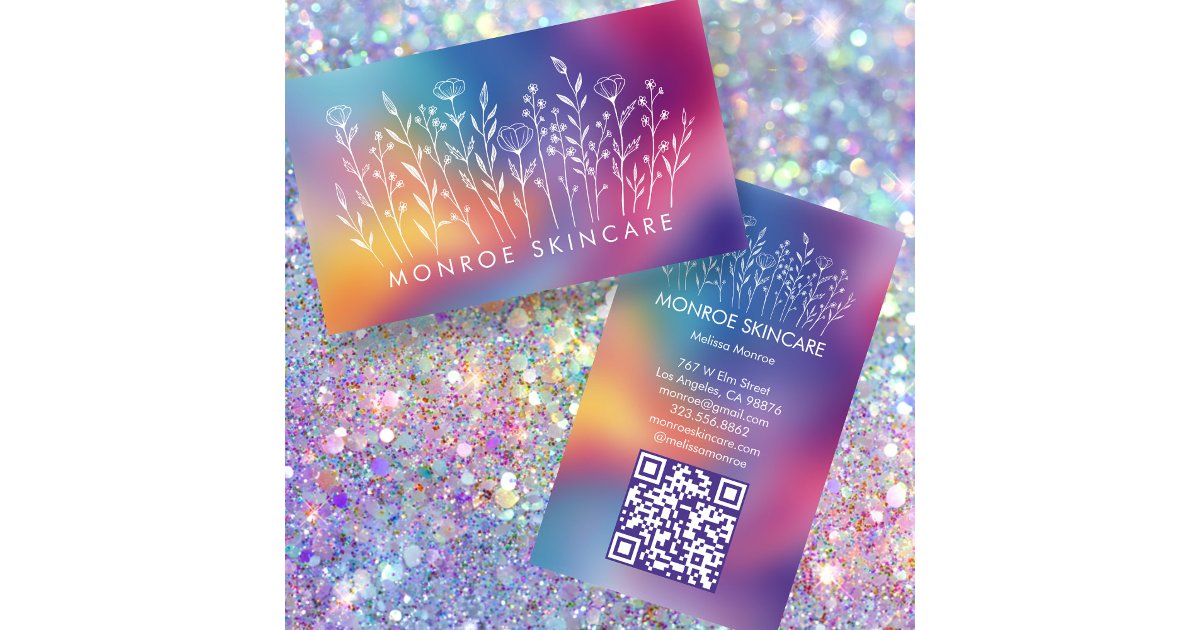 Qr Code Raimbow Wildflowers Elegant LineArt Custom QR Code Rainbow Business Card | Zazzle