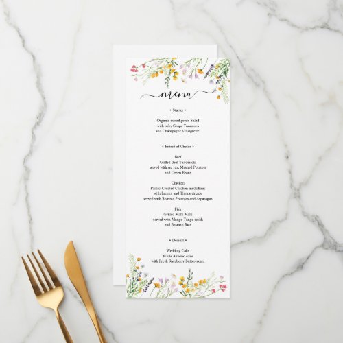 Wildflowers elegant Menu card monogrammed on back