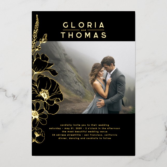 Wildflowers Elegant Modern Black Wedding Photo Foil Invitation (Front)