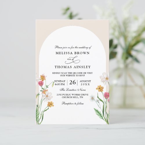 Wildflowers Elegant Modern Budget QR Code Wedding Invitation