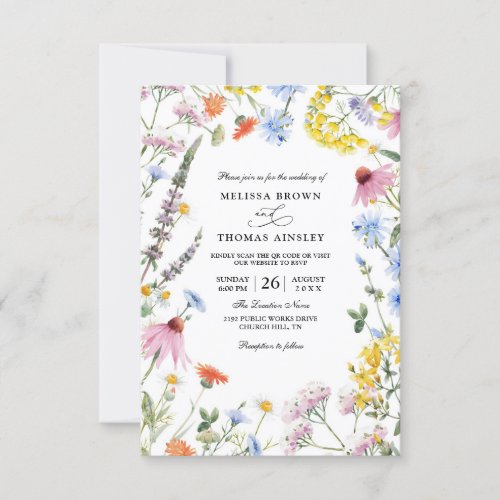 Wildflowers Elegant Modern Budget QR Code Wedding Invitation