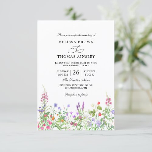 Wildflowers Elegant Modern Budget Qr Code Wedding Invitation