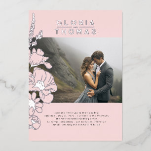 Wildflowers Elegant Modern Pink Wedding Photo Foil Invitation