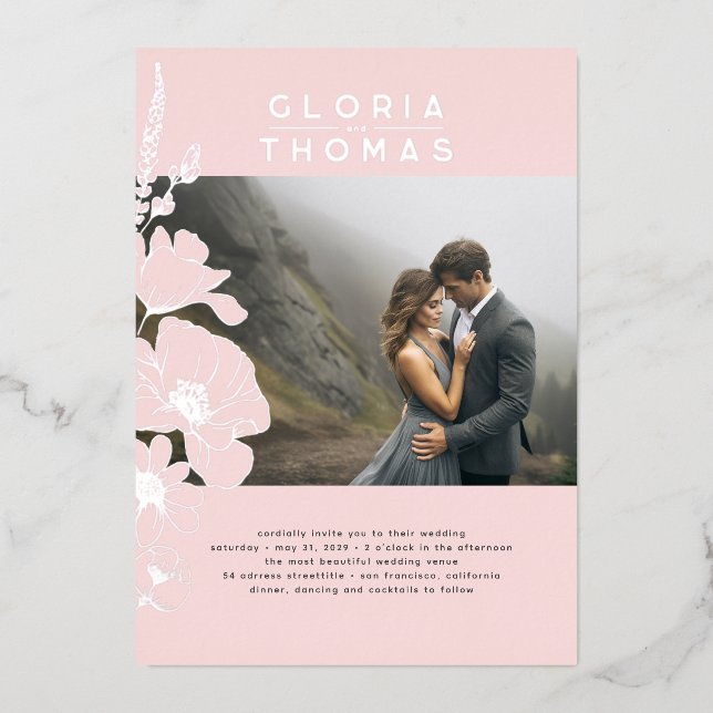 Wildflowers Elegant Modern Pink Wedding Photo Foil Invitation (Front)
