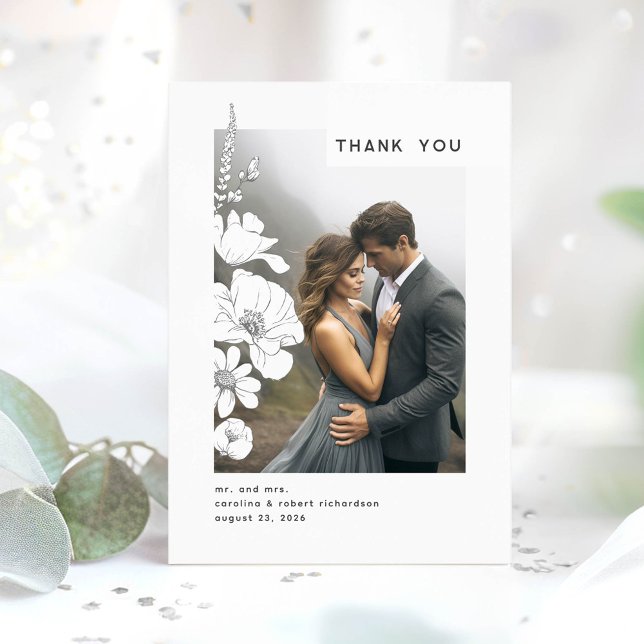 Wildflowers Elegant Modern Wedding Thank You Photo Card (Hand-drawn Wildflowers Thank You Photo Card)