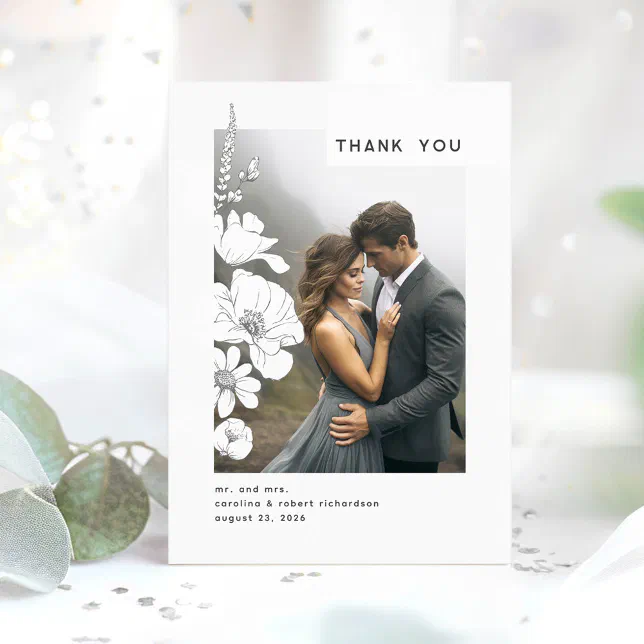 Wildflowers Elegant Modern Wedding Thank You Photo Card | Zazzle